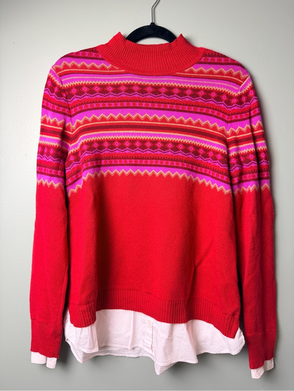 Isaac Mizrahi Bright Red Mock Neck Fair Isle Sweater Layered White Button Down